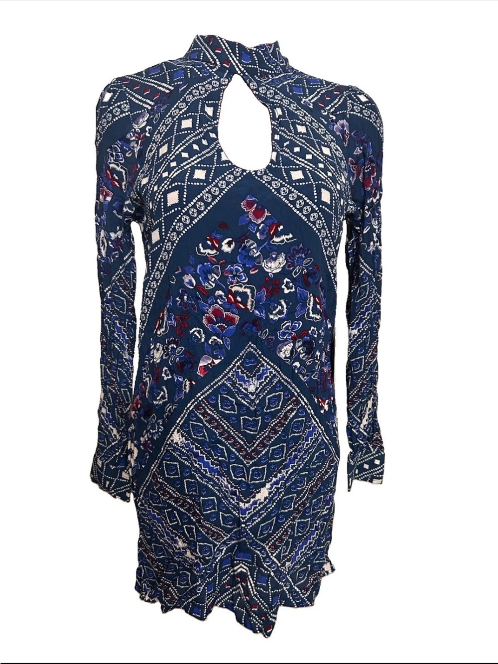 Express Boho Print Shift Dress -XS Multicolor Long Sleeve Mini Rayon -Mock Neck